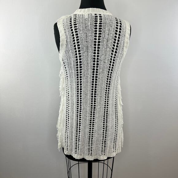 Vintage CACHE White Ribbon Open Knit Fringe Sleeveless Cardigan Open Vest XS - Picture 5 of 8